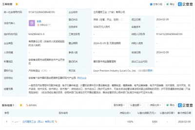 立讯精密5000万元于六安成立新公司 布局计算机软硬件及外围设备制造